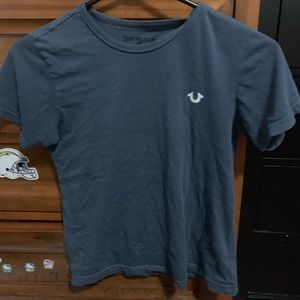 blue and white true religion short sleeve shirt